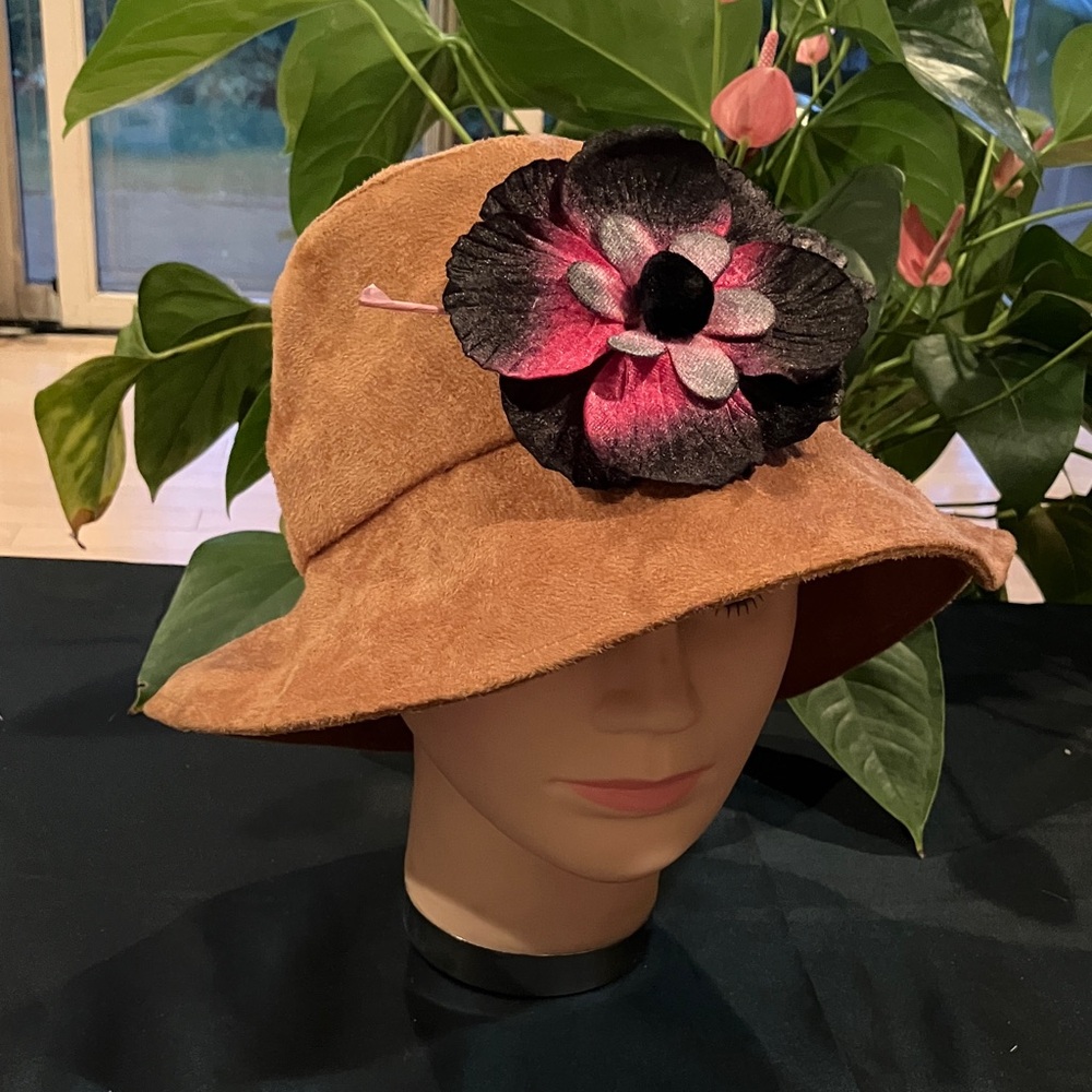 Chic Camel Brown Suede Hat with Pink and Black Floral Accent